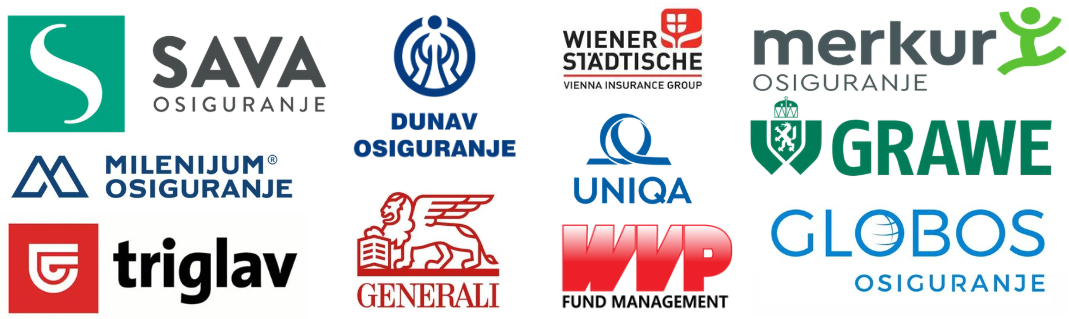 Partnerske osiguravajuće kuće: Sava, Dunav, Wiener Städtische, Merkur, Milenijum, Generali, Uniqa, WVP, Triglav, Grawe, Globos
